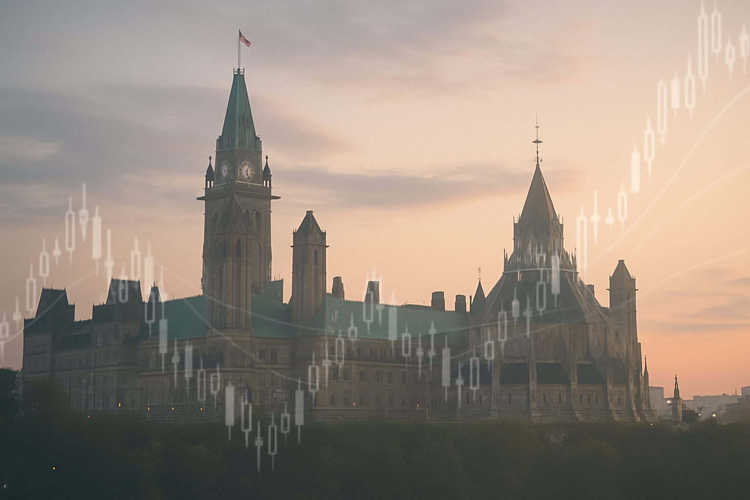 Parliament Hill with financial charts overlay