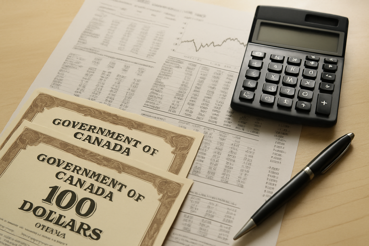 Stack of Canadian government bonds and a calculator on a desk