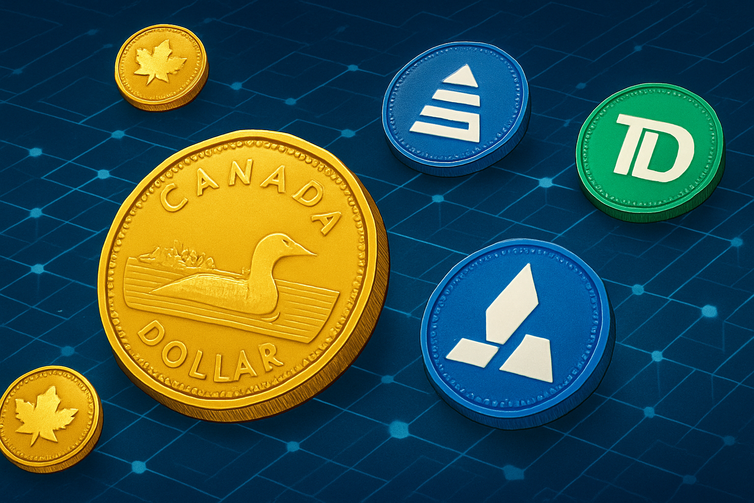 Illustration of Canadian dollar tokenized on a ledger with bank logos