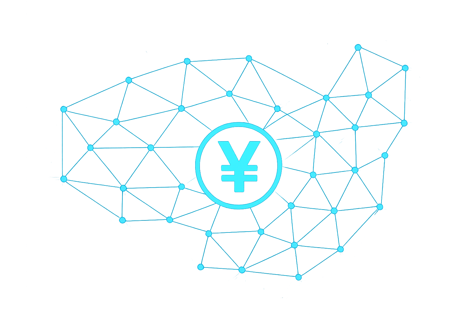Illustration of digital yuan token and blockchain nodes overlaid on a map of China
